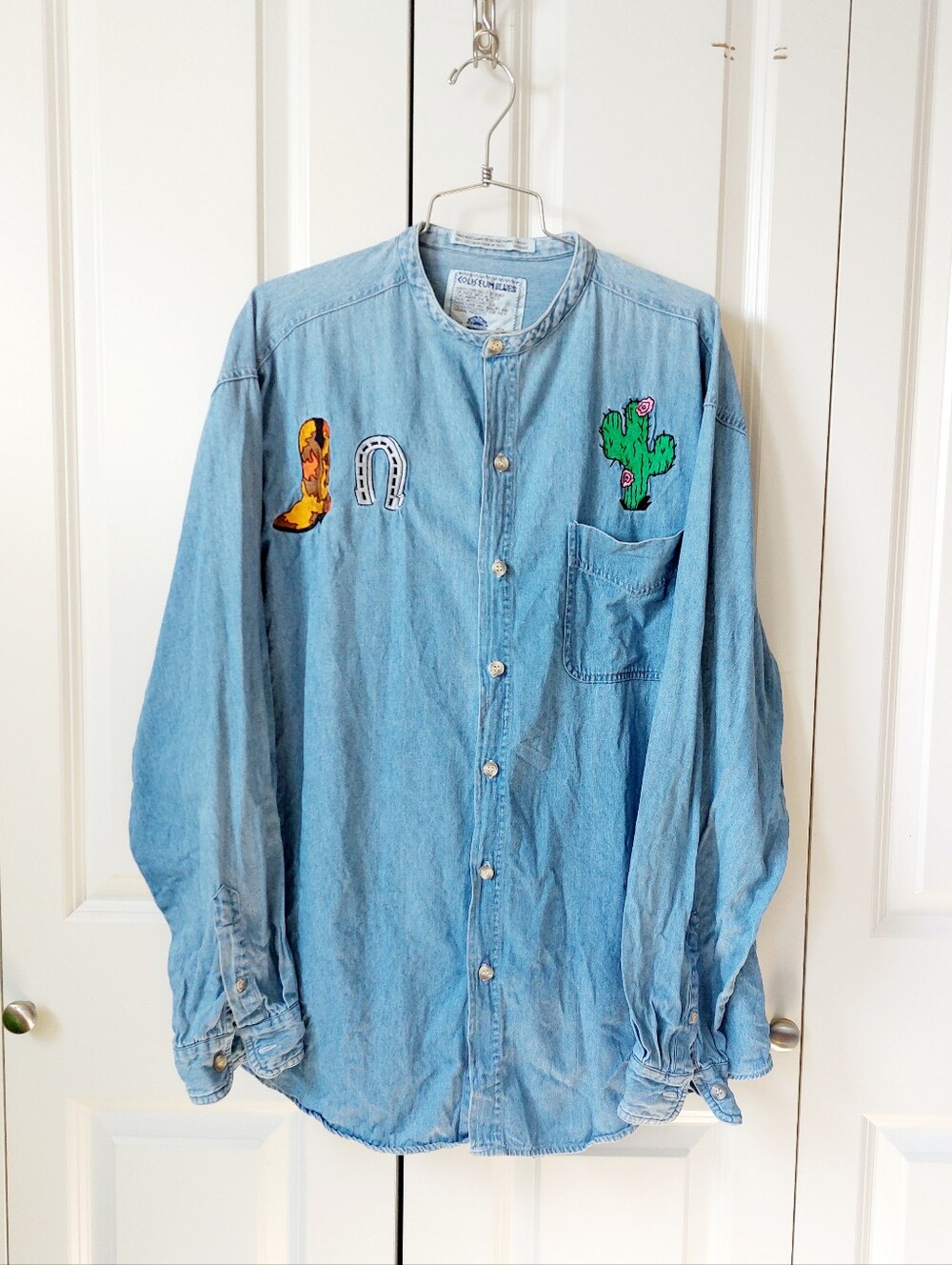 Mandarin Style Chambray/Denim Shirt men' Large (womans 2X/3X) Southwestern Cowbo